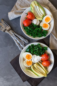 High angle view of breakfast served on table