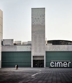 Rear view of man on modern building against clear sky