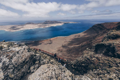 Scenic view of sea and mountains against sky