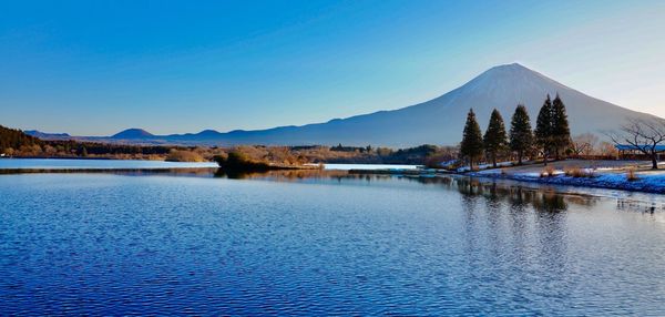 Scenic view of lake against blue sky