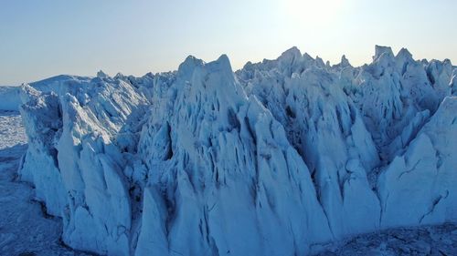 Panoramic view of snowcapped mountains against sky