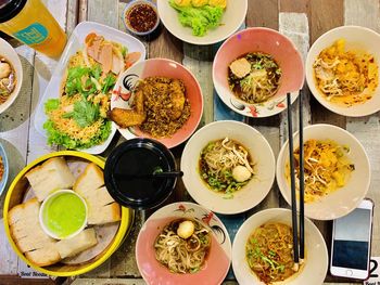 High angle view of meal served on table