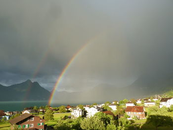 Scenic view of rainbow over buildings in city