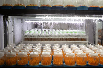 View of food in glass bottles