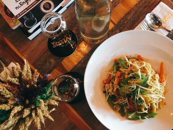 High angle view of meal served on table