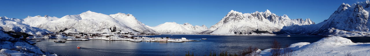 Panoramic view of frozen lake against sky