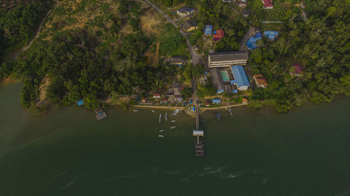 High angle view of trees and buildings by lake