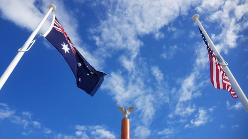 Low angle view of crane against blue sky