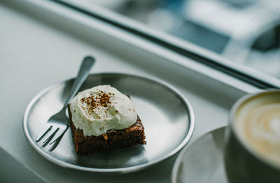 High angle view of breakfast in plate on table