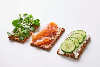 High angle view of breakfast on plate against white background