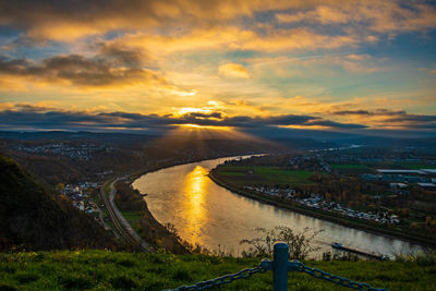 High angle view of river against sky during sunrise