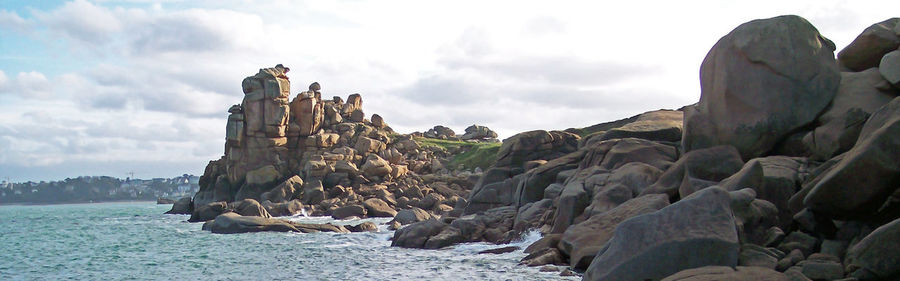 Panoramic view of sea and rocks against sky