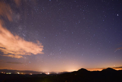 Scenic view of silhouette mountains against sky at night