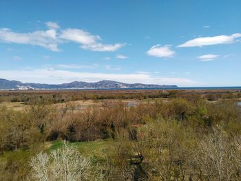 Scenic view of field and mountains against sky