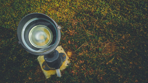 High angle view of camera on field