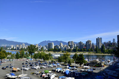 Panoramic view of city against blue sky