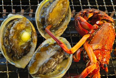 High angle view of seafood on barbecue