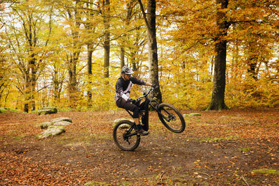 Man doing stunt on bicycle at forest during autumn