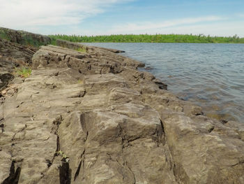 Rock formations in sea against sky