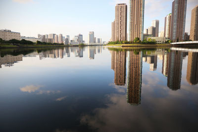 Reflection of buildings in lake against sky