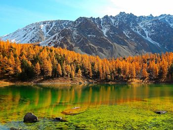 Scenic view of lake and mountains against sky