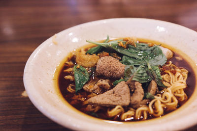 Close-up of noodle soup in bowl