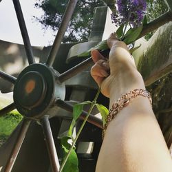 Close-up of hand on motorcycle against trees