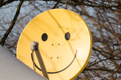 Low angle view of yellow electric lamp on bare tree