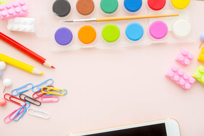 High angle view of colorful candies on table