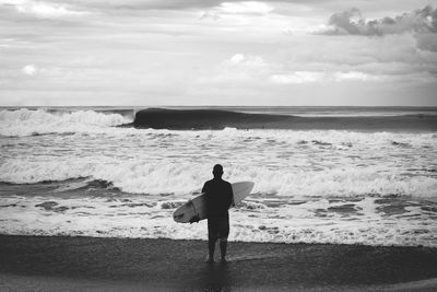 Rear view of man standing on beach against sky