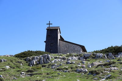 Low angle view of building against clear blue sky