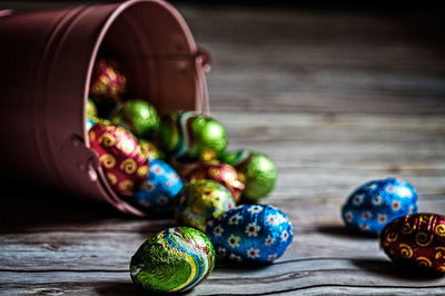 Close-up of easter eggs on table