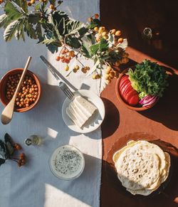 High angle view of breakfast on table