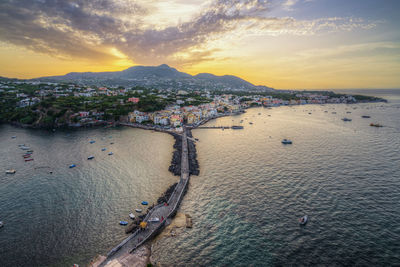 Beautiful aerial view at sunset of ischia from the castello aragonese, ischia, italy