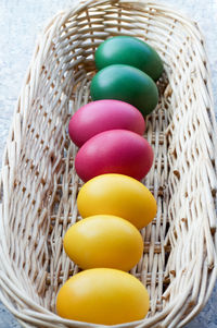 Close-up of colorful easter eggs in wicker basket on table