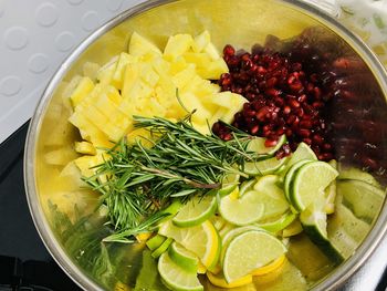 High angle view of fruits in bowl on table