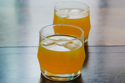 High angle view of beer in glass on table