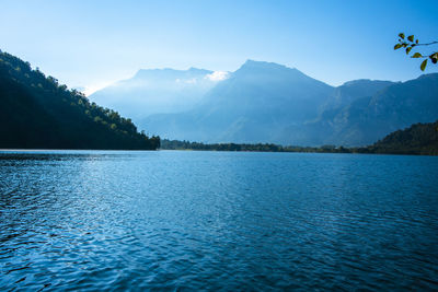 Scenic view of lake against blue sky