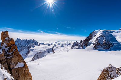 Scenic view of snow covered rock formation against sky