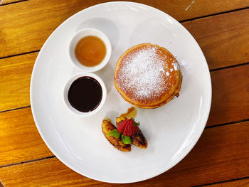High angle view of dessert served on table