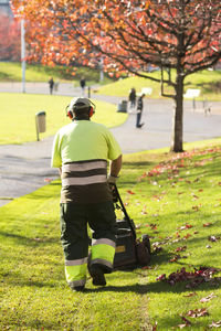 Rear view of gardener working in park during autumn