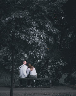 Rear view of man sitting on bench