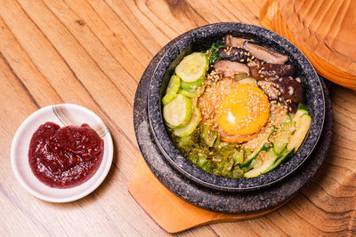 High angle view of food in bowl on table