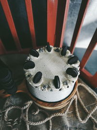 High angle view of coffee cup on table