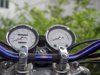 Close-up of speedometer on motorcycle