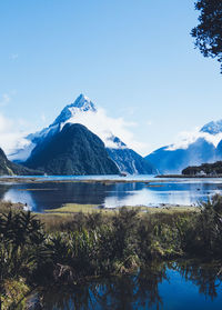 Scenic view of lake and mountains against sky