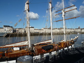 Sailboats moored in harbor