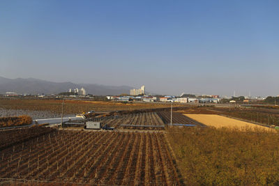 Cityscape against clear sky