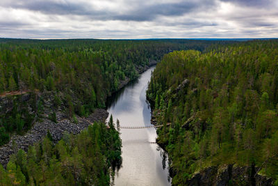 Aerial view of a suspension bridge crossing a canyon lake. julma-olkky, hossa national park, finland