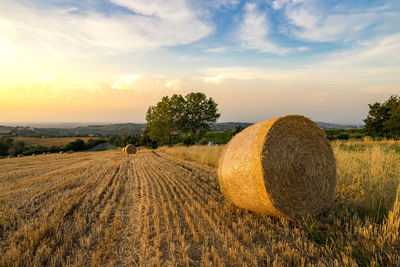 Hay bales on field against sky during sunset